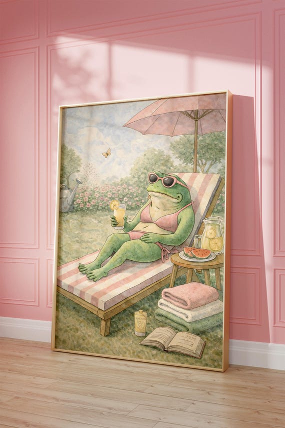 Frog Tanning In Garden Funny Wall Art Instant Download