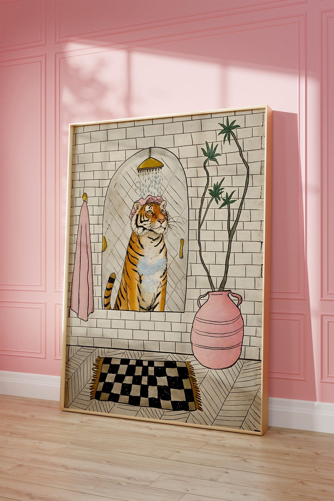 Tiger In The Shower Pink Cap Funny Whimsical Bathroom Decor Poster
