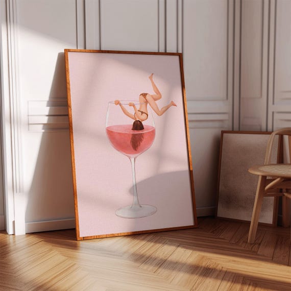 Funny Wine Print Pink Wall Art Girly Bar Decor Poster