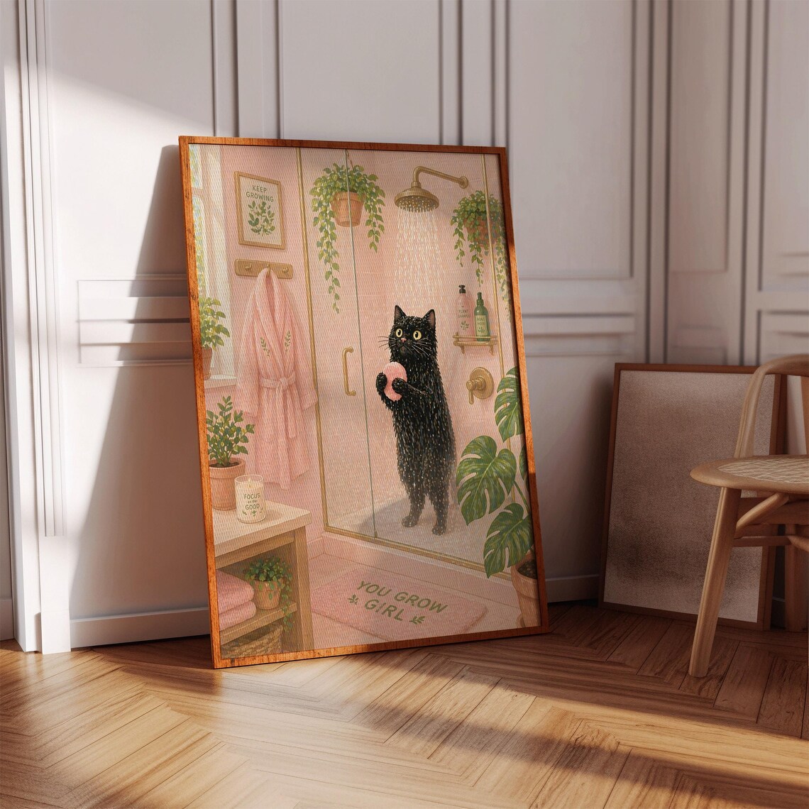 Black Cat in Shower Pink Bathroom You Grow Girl Funny Art Poster