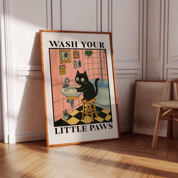 Wash Your Little Paws Print Funny Cat In Bathroom Wall Art Instant Download