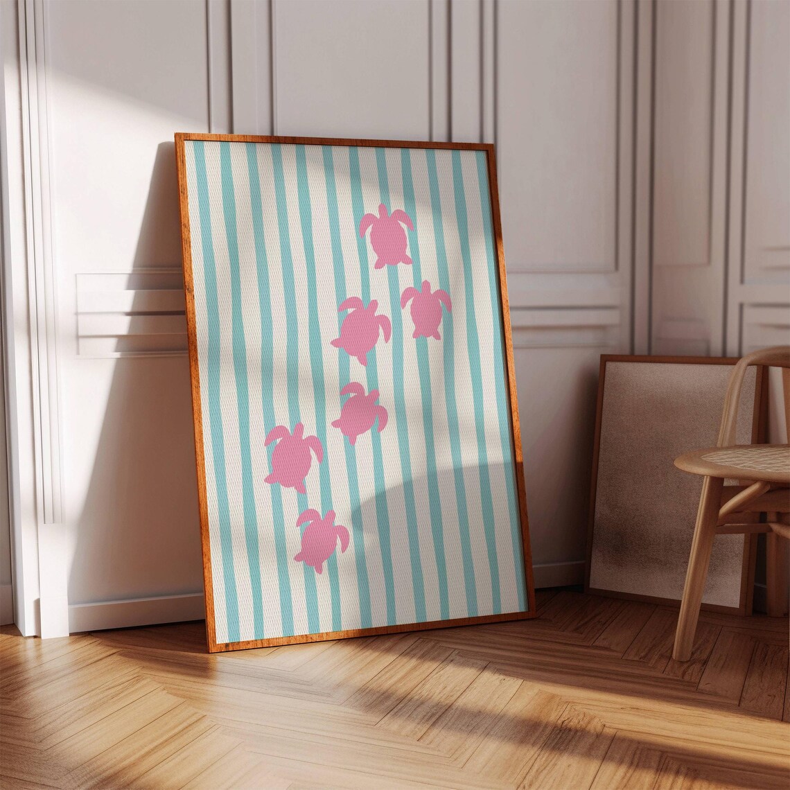 Six Pink Sea Turtles Silhouettes On Teal Stripes Coastal Wall Poster