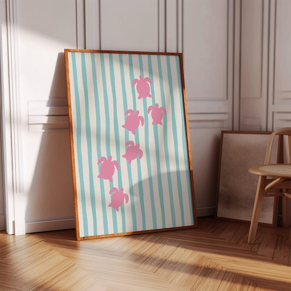 Six Pink Sea Turtles Silhouettes On Teal Stripes Coastal Wall Poster