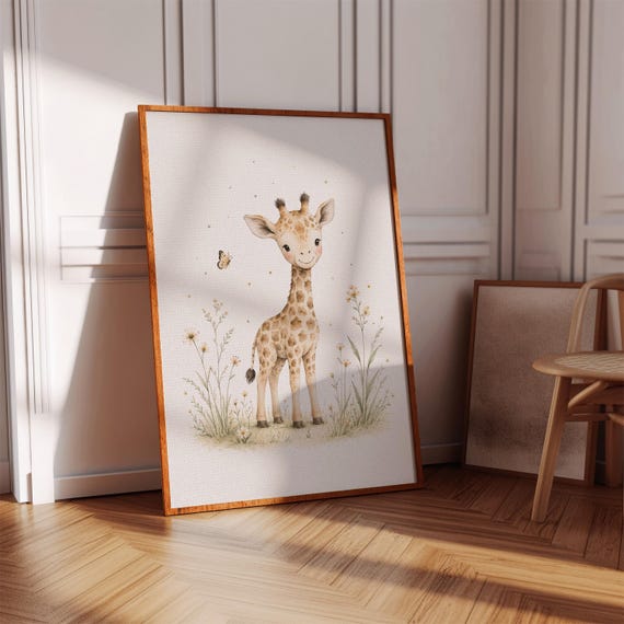 Baby Giraffe Nursery Wall Art Butterfly Room Decor Animal Poster Print