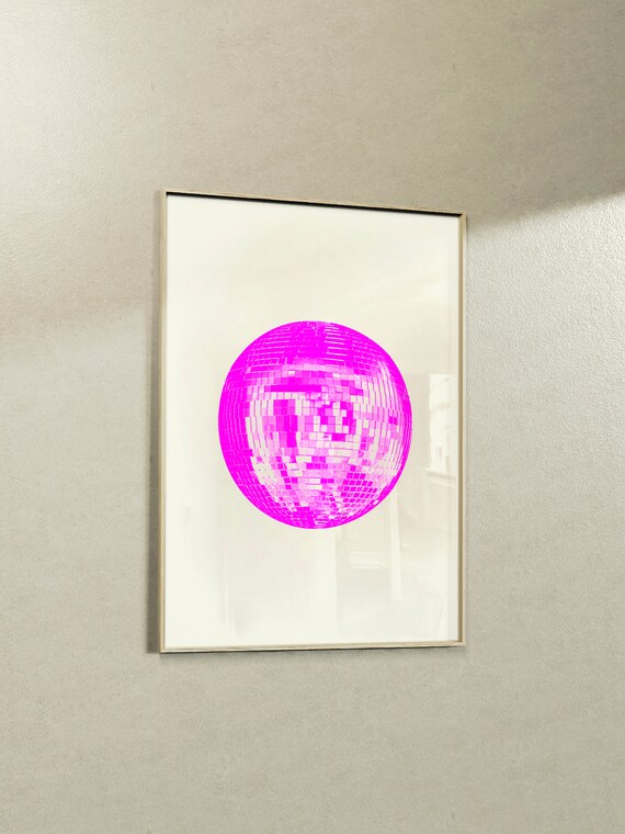 Hot Pink Disco Ball Minimalist Pop Art Retro Dance Party Poster