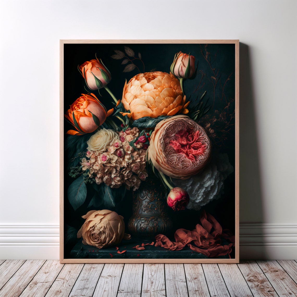 Lush Orange Roses Hydrangea Dark Vase Floral Still Life Poster