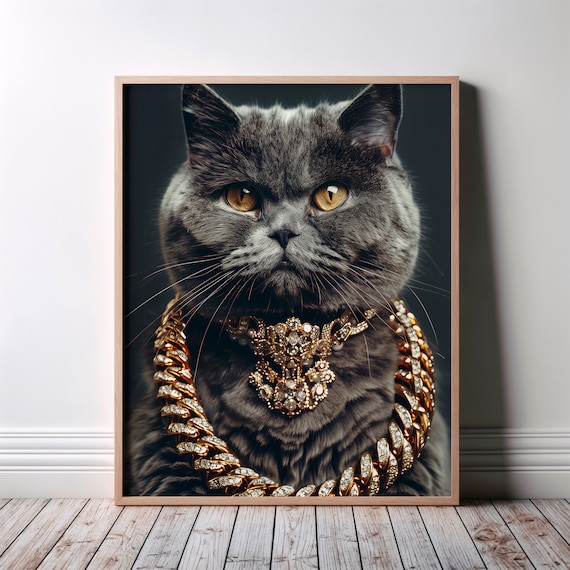 Grumpy Gray Cat Gold Chains Hip Hop Royal Pet Poster Bling Portrait Artwork
