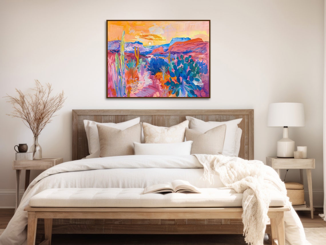 Impressionist Desert Sunset Painting Teal Cactus Red Mesas Wall Poster - Image 2
