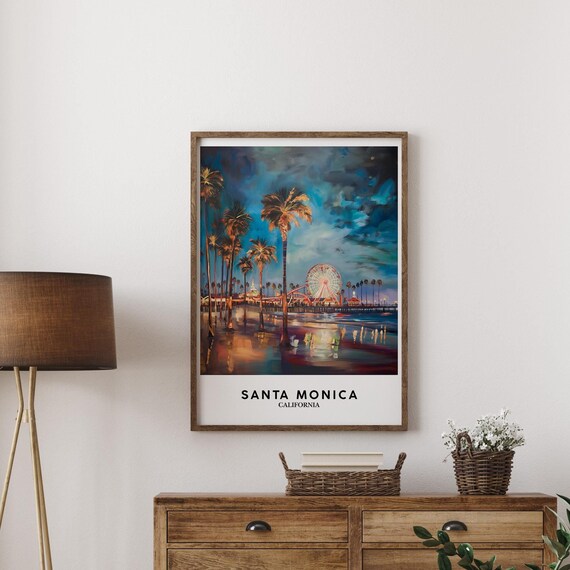 Santa Monica California Night Pier Ferris Wheel Travel Poster