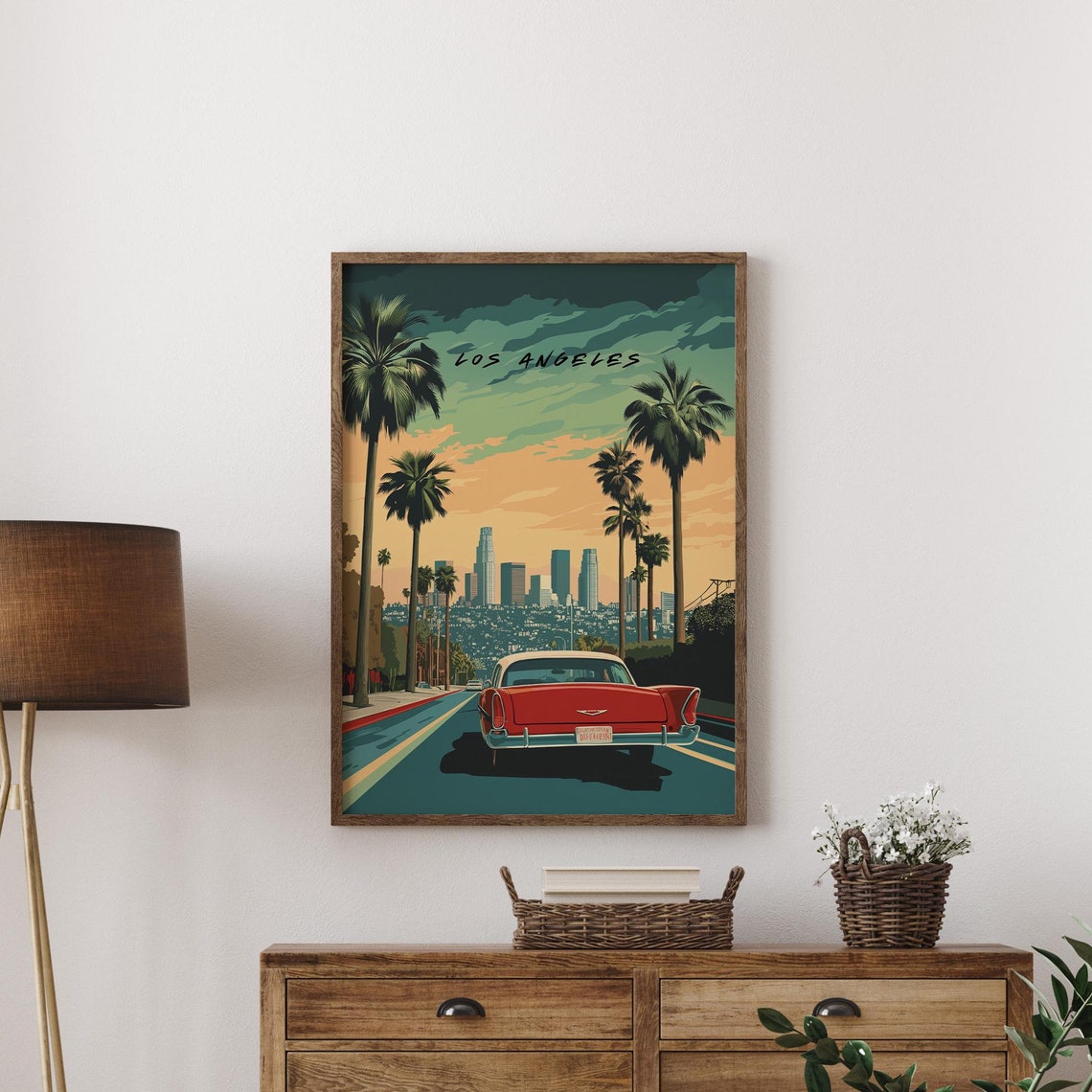 Retro Los Angeles Travel Poster With Palm Trees Skyline Classic Car