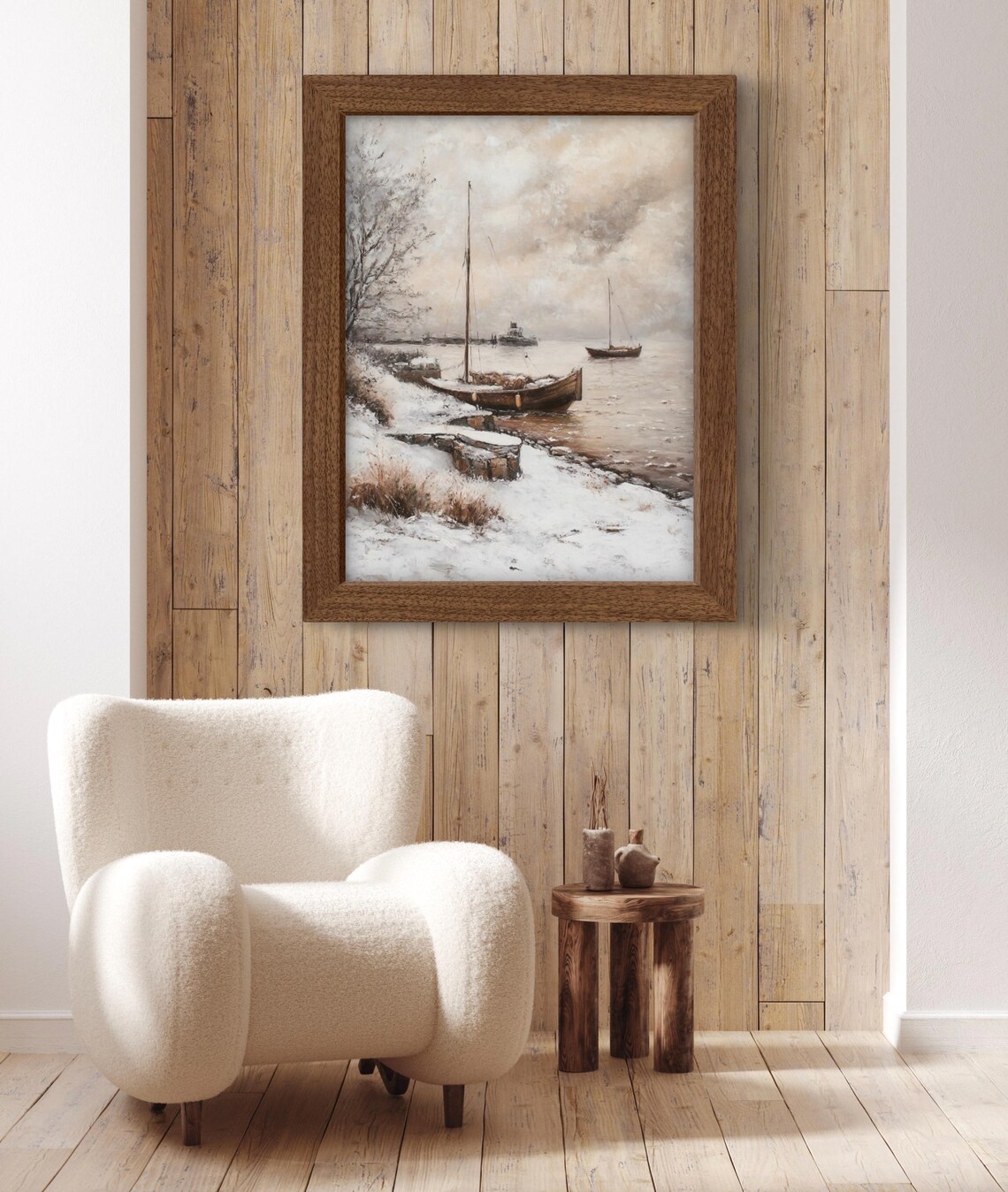 Snowy Lakeshore Sailboat Winter Moody Coastal Scene Art Poster - Image 2