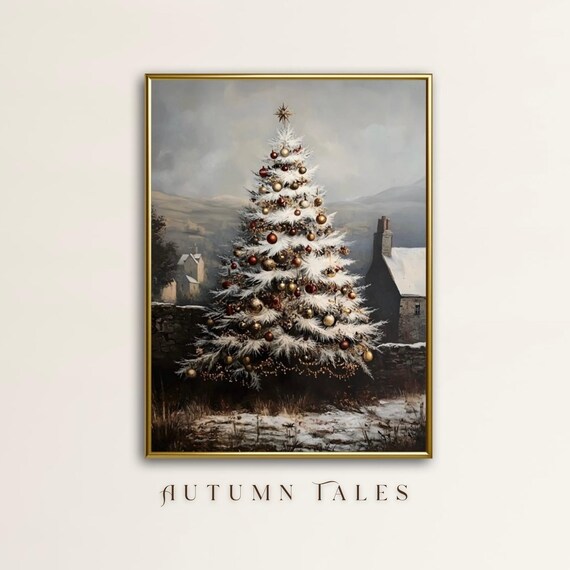 Moody Christmas Tree Wall Art Print Winter Cottagecore Decorated Village Cozy Winder Wonderalnd Landscape Farmhosue Home Decor