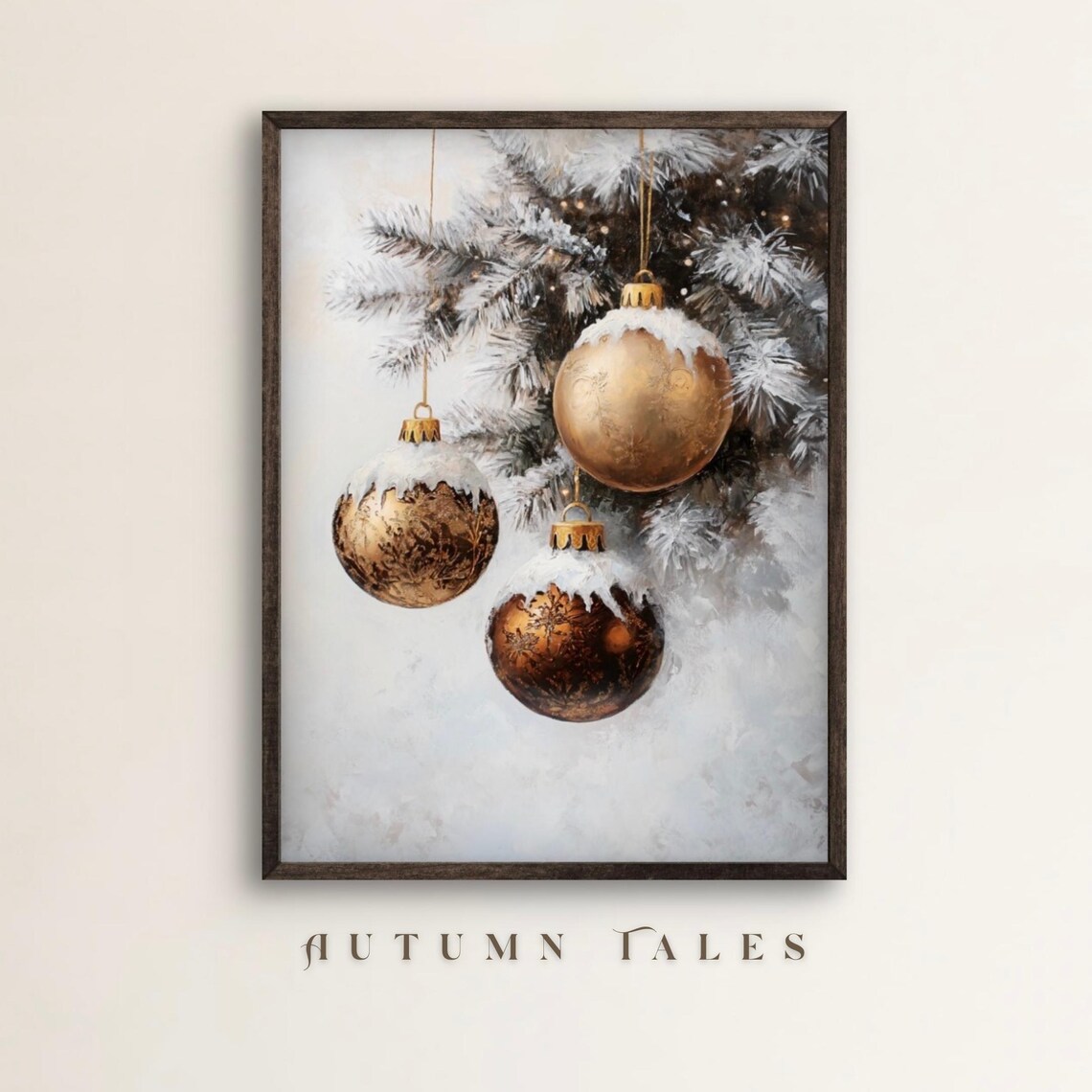 Gold Christmas Ornament Art Print, Snowy Pine Tree