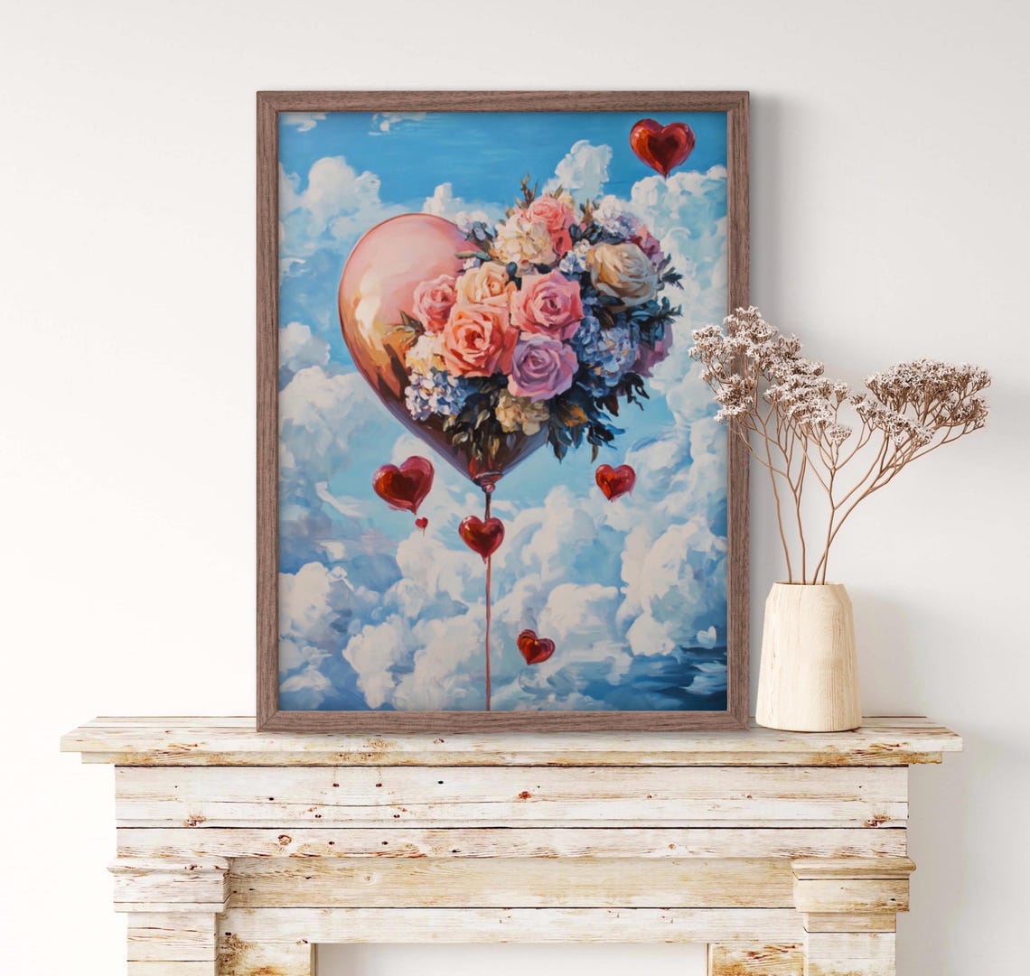 Floral Heart Hot Air Balloon Cloudy Blue Sky Romantic Art Poster - Image 2