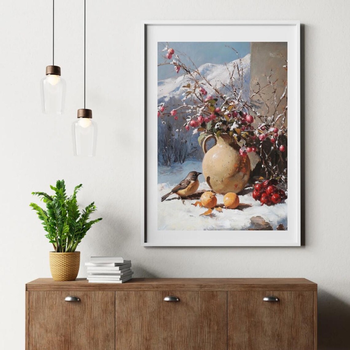 Winter Still Life Vase Of Snowy Red Berries With Little Bird Snow Art Print - Image 2