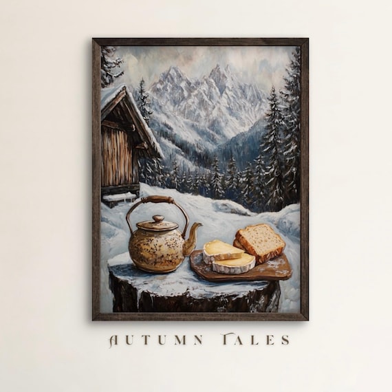 Alpine Tea Time Teapot Bread Cheese Snowy Mountain Art Poster