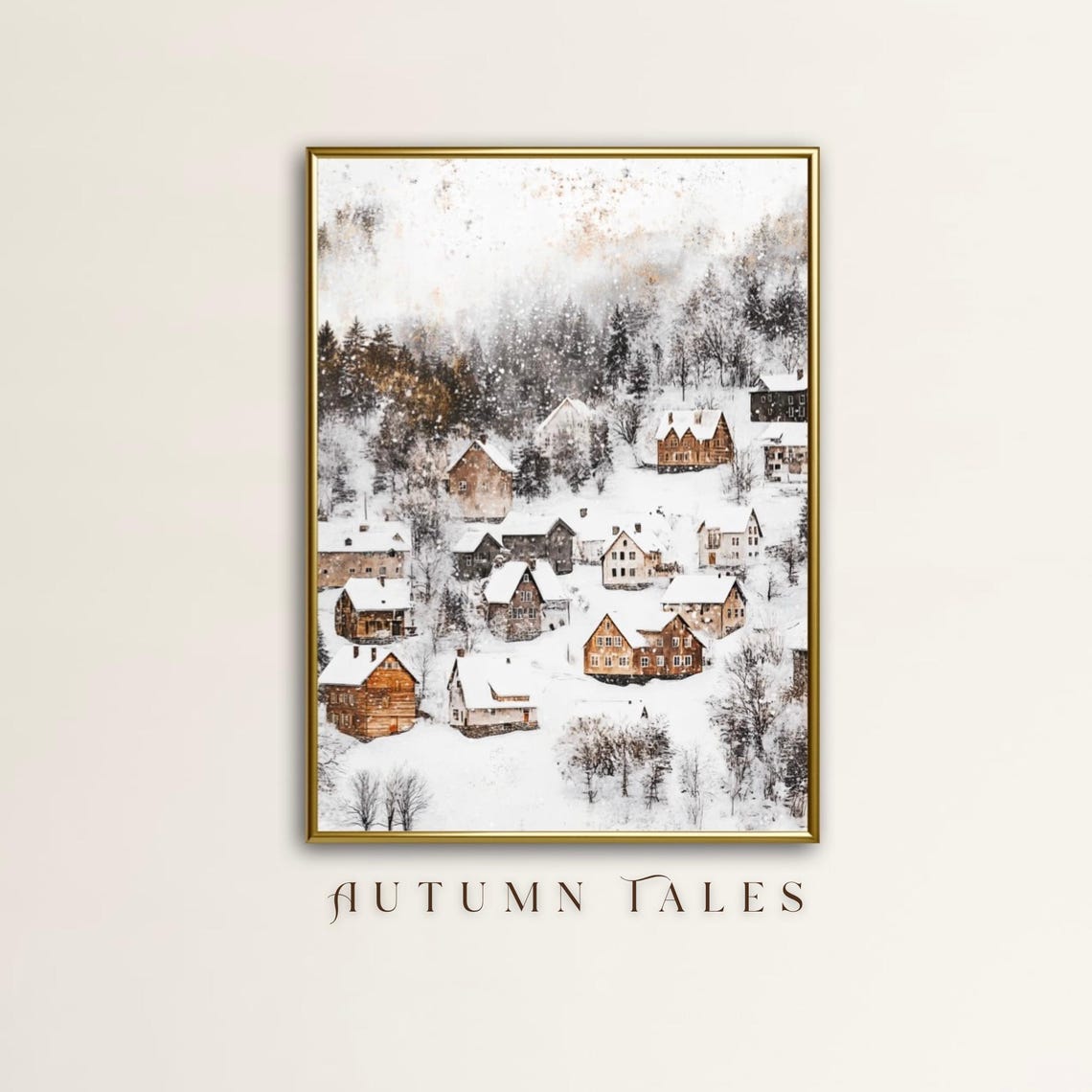 Winter Cottagrcore Wall Art Print Of A Mountain Landscape Moody Farmhouse Decor Of Tiny Home In Snow Covered Village In Christmas