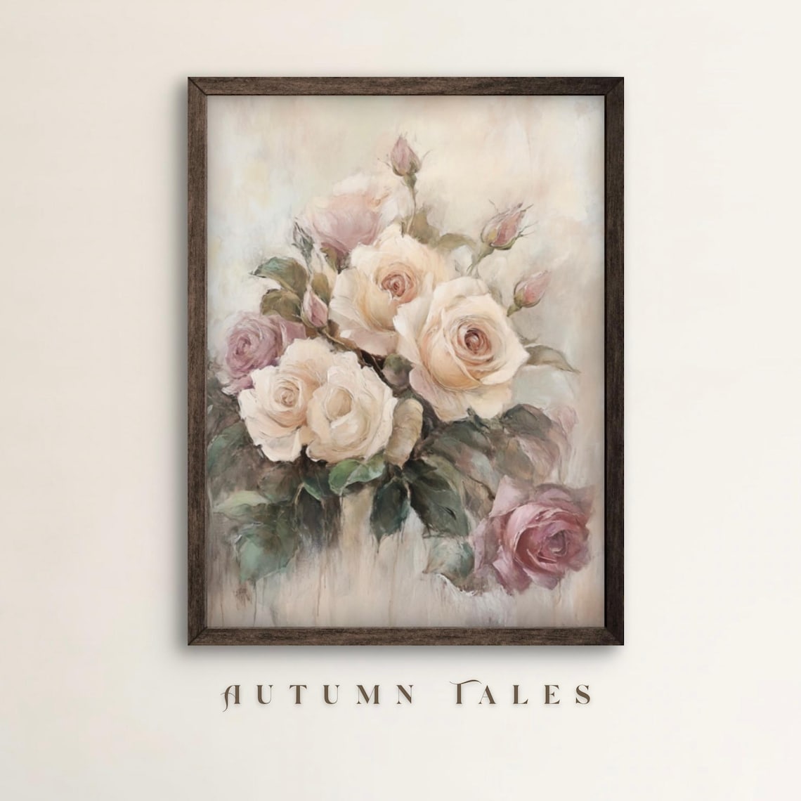 Beige and Blush Pink Roses Bouquet Vintage Botanical Floral Wall Art Print