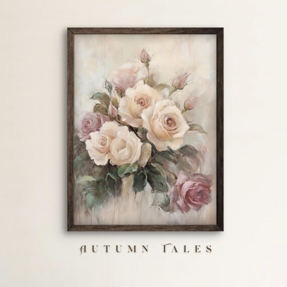 Beige and Blush Pink Roses Bouquet Vintage Botanical Floral Wall Art Print