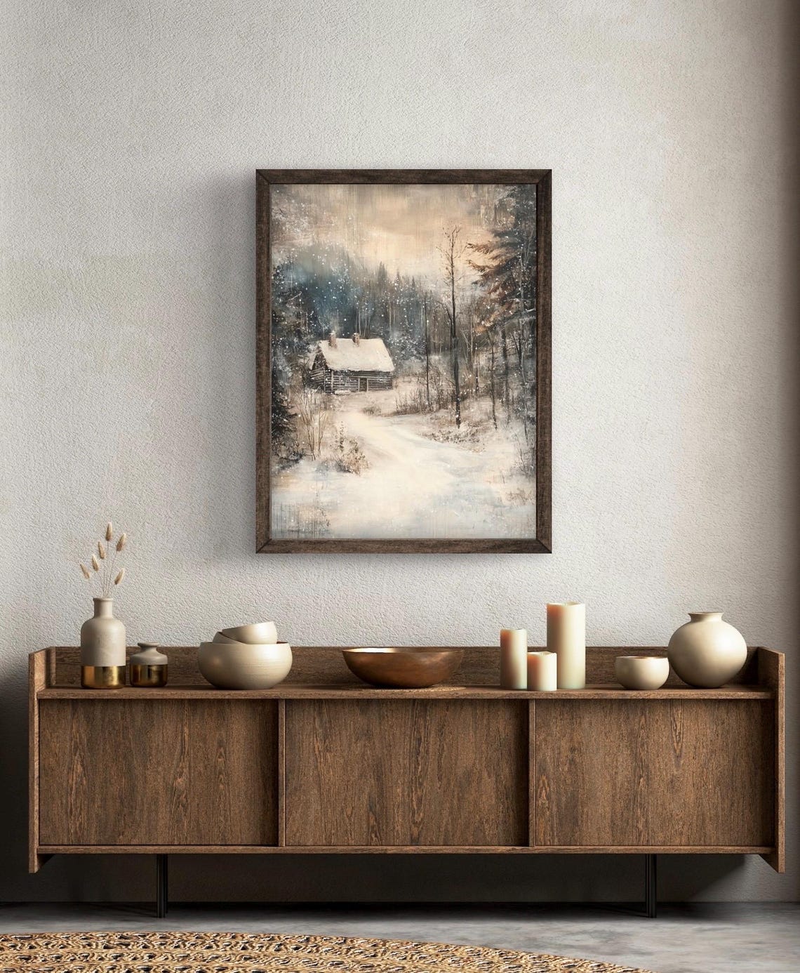 Moody Snow Covered Forest Cabin Winter Woodland Landscape Poster - Image 3