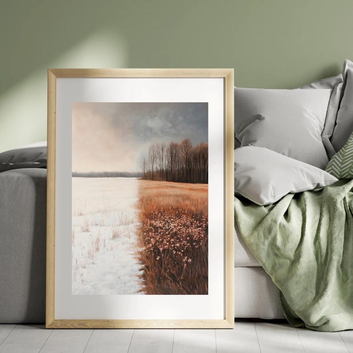 Half Winter Half Spring Snowy Field With Golden Grasses Seasonal Landscape Poster - Image 4