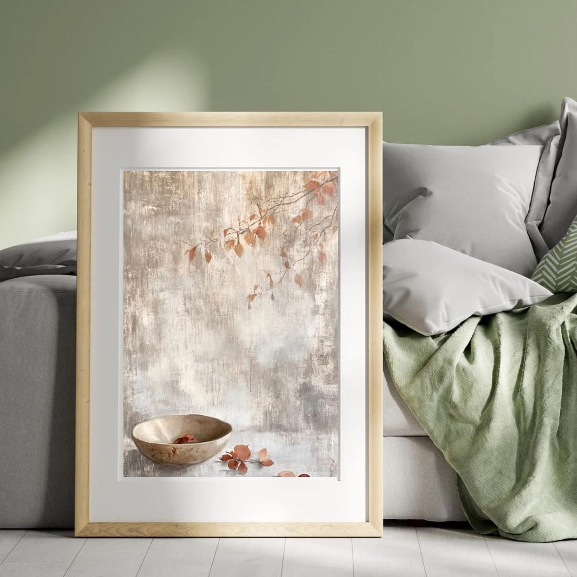 Minimalist Ceramic Bowl With Autumn Leaves Branch Wabi Sabi Wall Art - Image 4