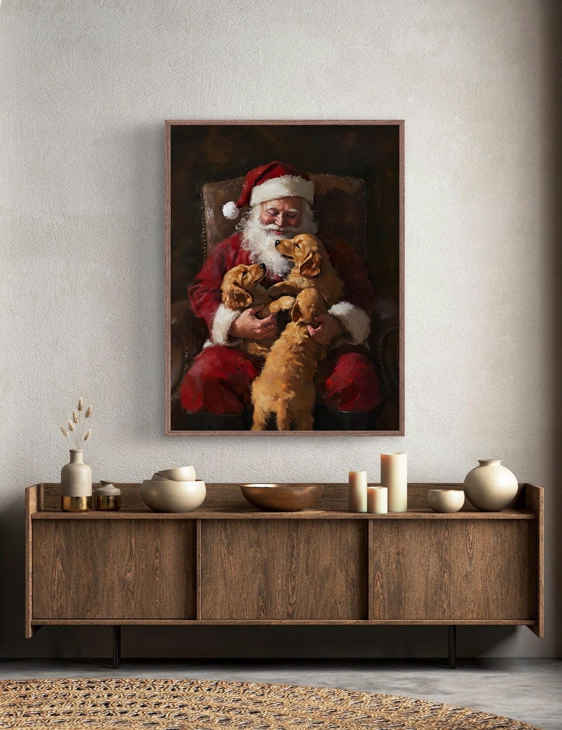 Santa And Golden Retriever Puppies Wall Art Moody Dark Christmas Of Cute Puppies Vintage Rustic Christmas Winter Home Decor - Image 3