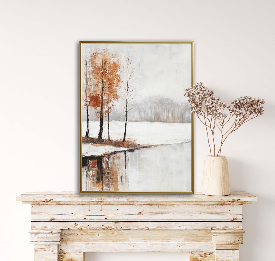 Moody Autumn Trees Lakeside Still Lake Landscape Warm Tone Poster - Image 5