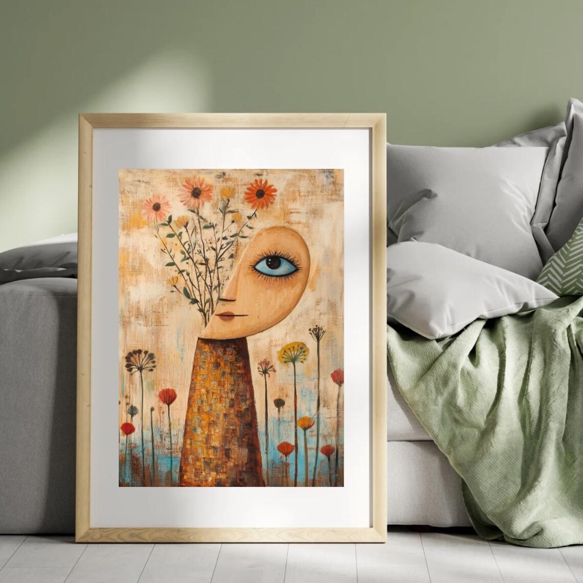 Surreal Female Face Vase with Wildflowers Abstract Folk Art Wall Art Poster - Image 4