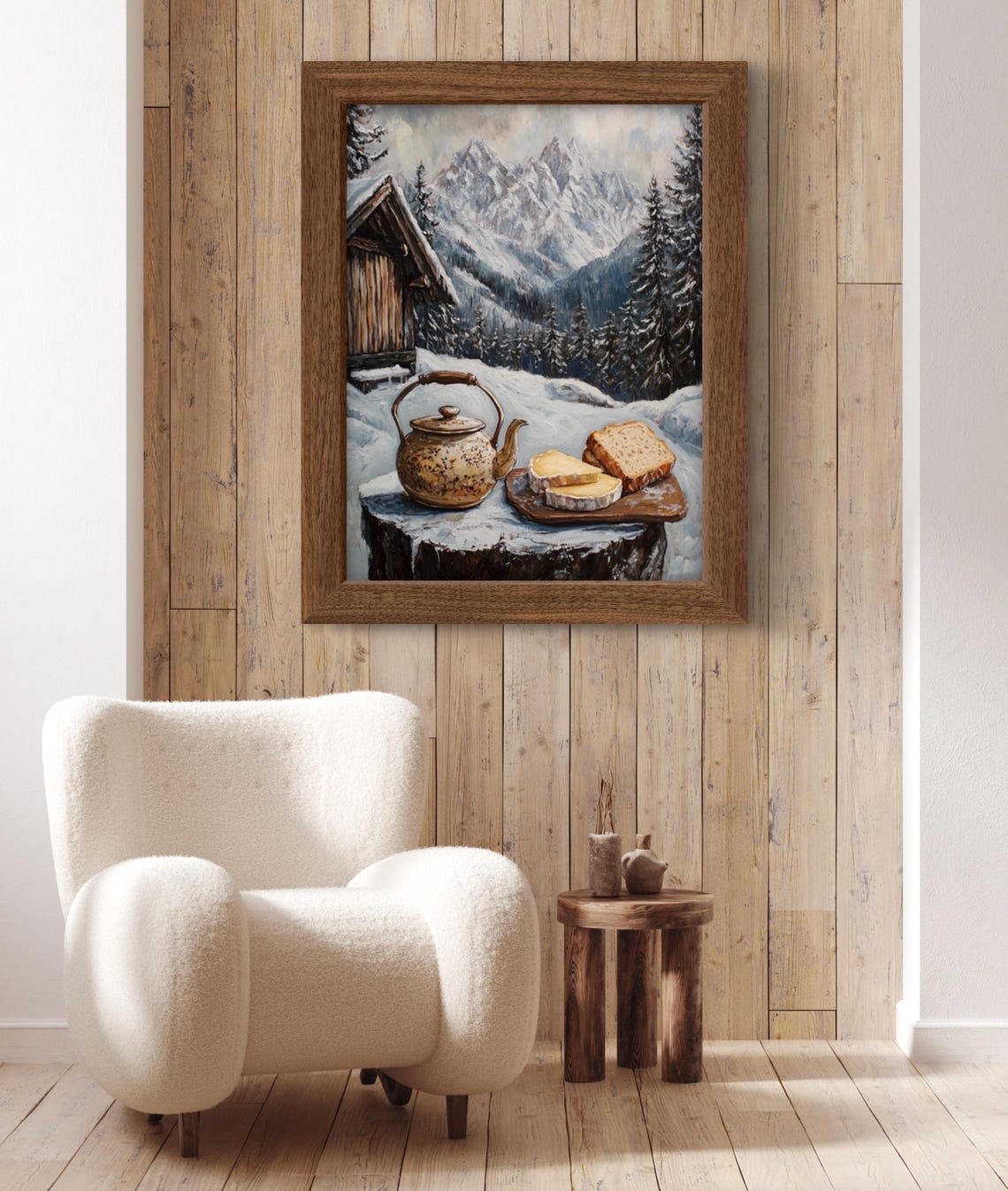 Alpine Tea Time Teapot Bread Cheese Snowy Mountain Art Poster - Image 2