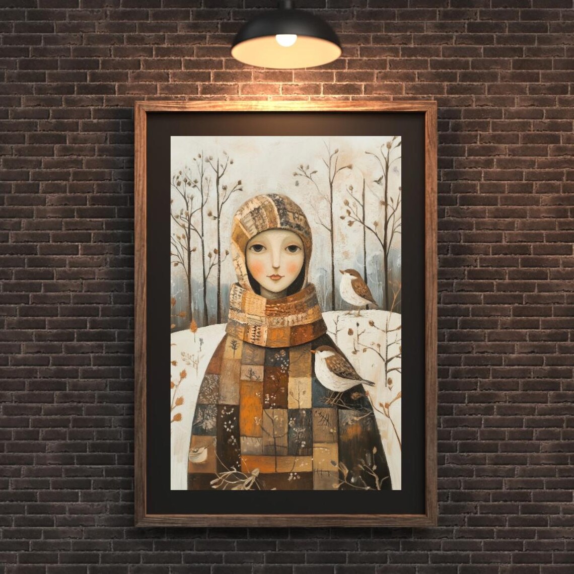 Folk Art Girl in Patchwork Coat with Birds in Snowy Forest Wall Art Print - Image 3