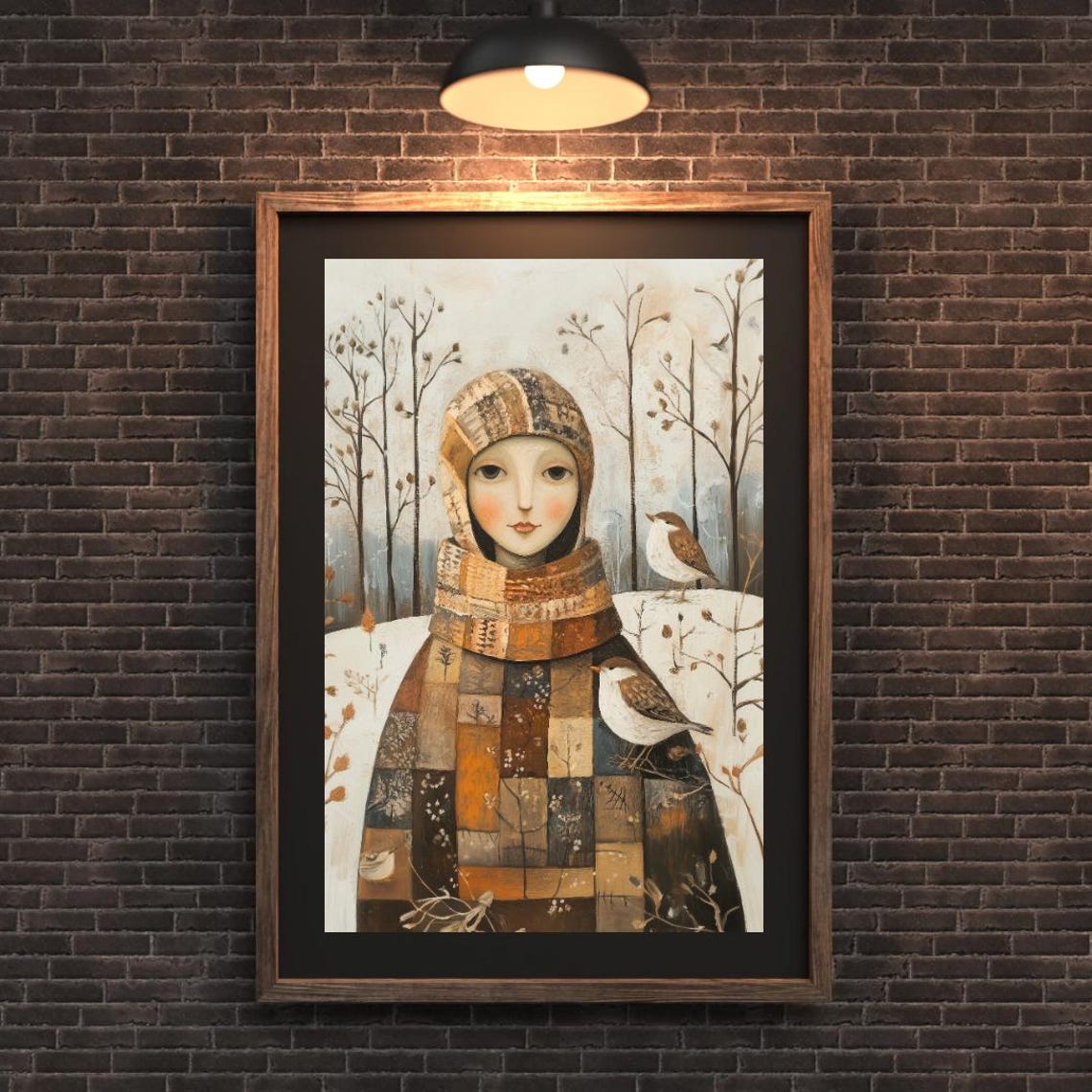 Folk Art Winter Female Portrait Wall Art Print A Girl In Snoey Forest With Two Birds Cozy Earthy Tones Seasonal - Image 3