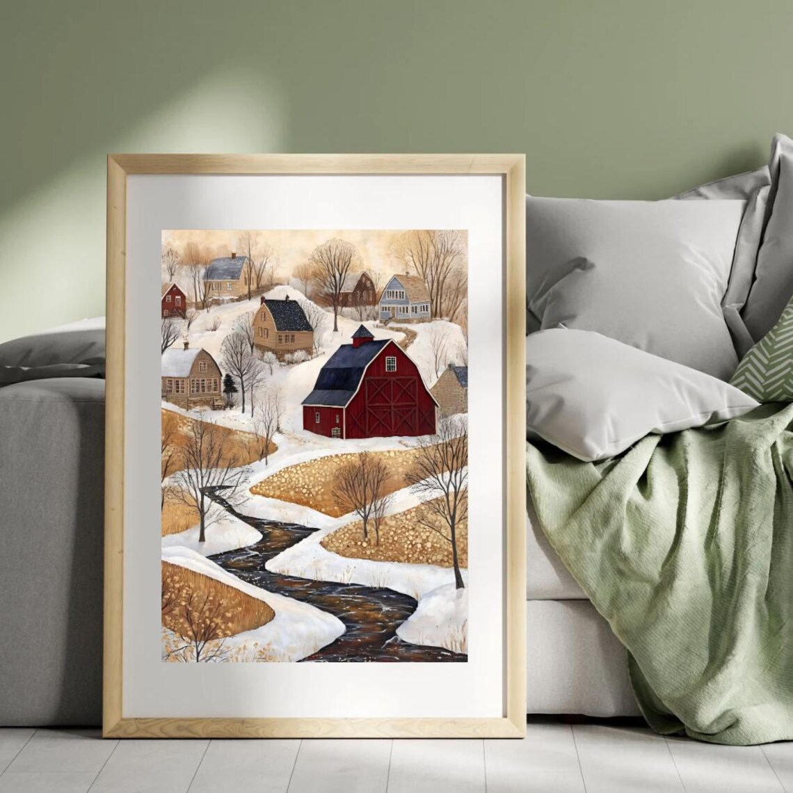 Folk Art Snowy Farm Town With Red Barn And Winter River Art Print - Image 4
