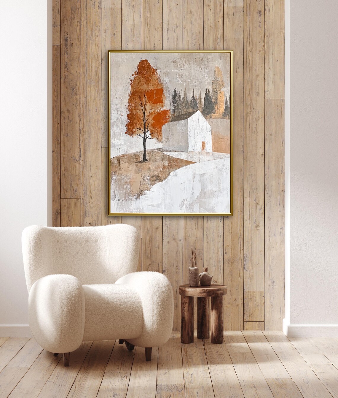 Autumn Tales Minimalist White Barn Orange Tree Rustic Fall Scene Poster - Image 3