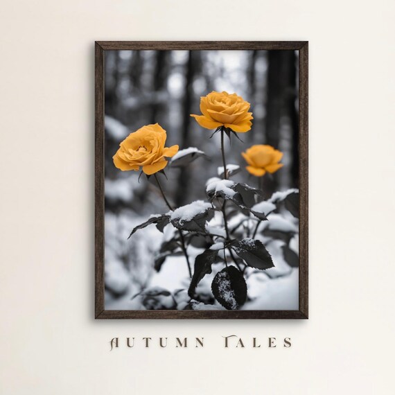 Golden Yellow Roses In Snow Black And White Winter Forest Photo Wall Print