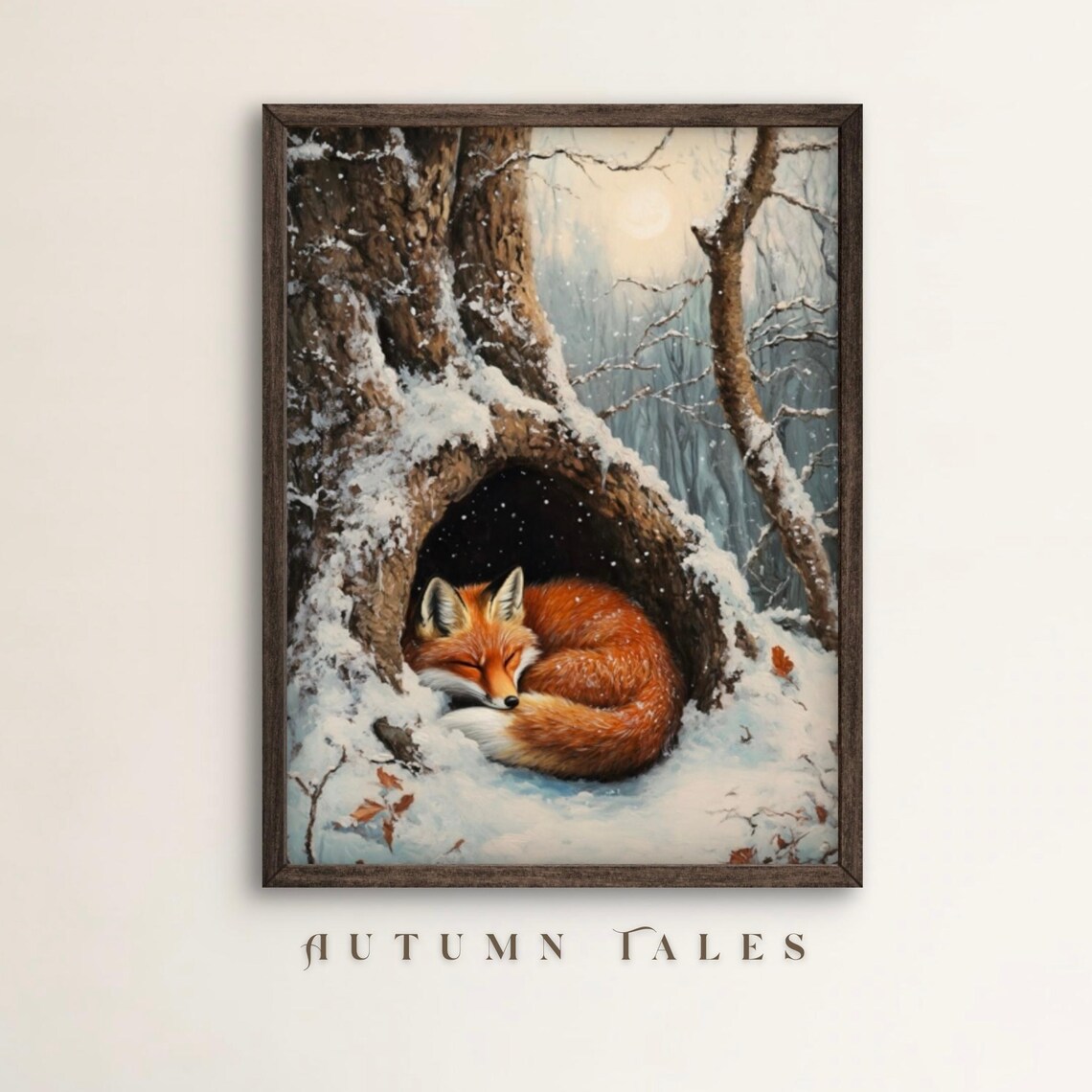 Sleeping Winter Fox in Snowy Forest, Art Print