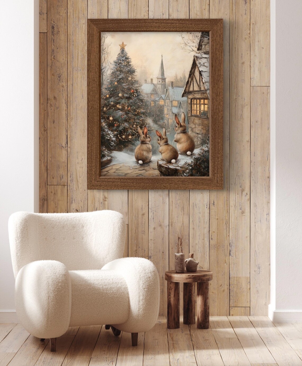 Winter Bunnies and Christmas Tree Vintage Art Print - Image 4