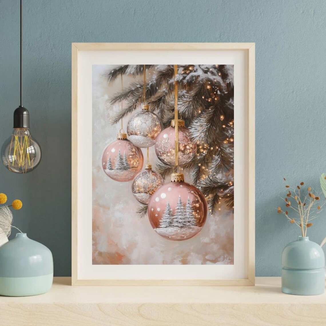 Vintage Christmas Ornaments Art Print, Pink Rose Gold - Image 4