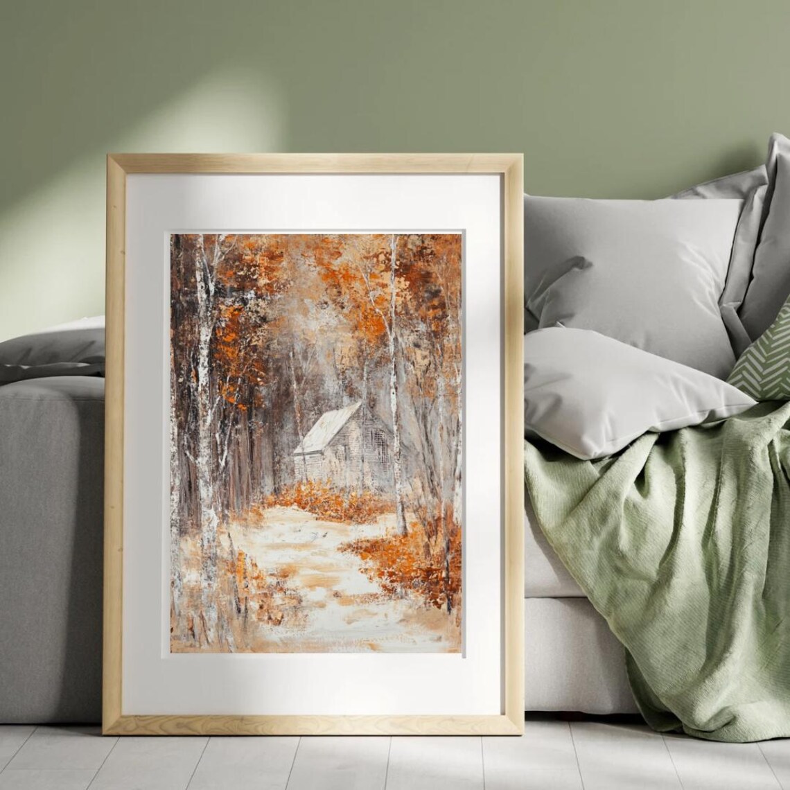 Cozy Secluded Snowy Birch Forest Cabin In Autumn Woods Art Print - Image 3