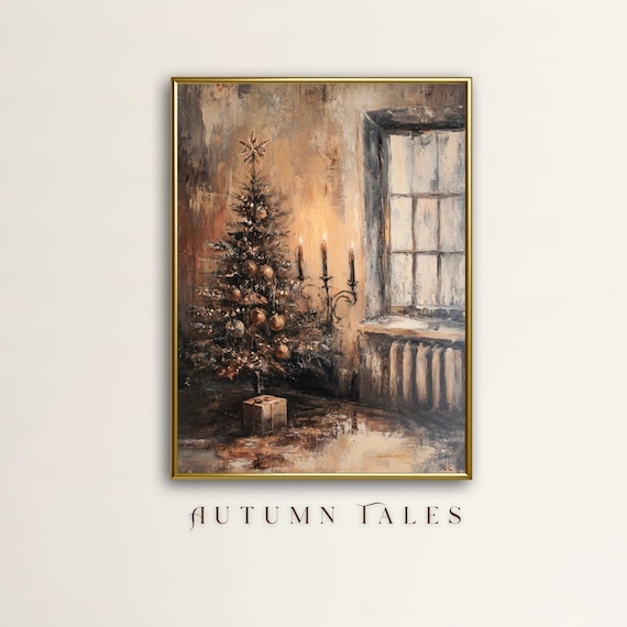 Vintage Christmas Wall Art Print Antique Old English Home With Christmas Tree Decor Moody Still Art Rustic Winter Decor