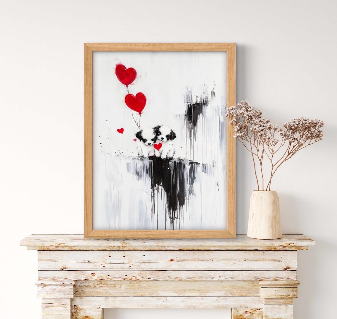 Cute Shih Tzu Puppies Red Heart Balloons Street Art Puppy Poster - Image 2