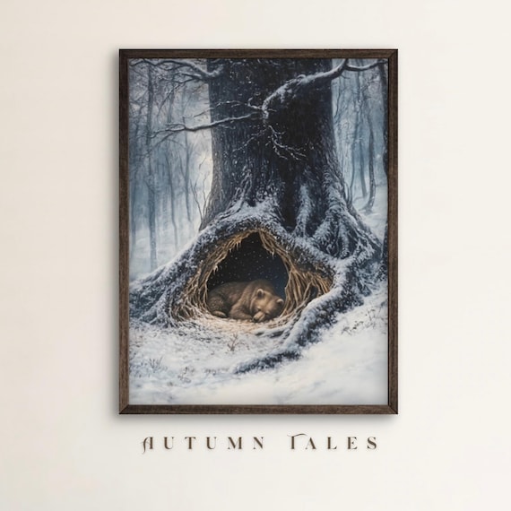 Sleeping Bear Resting Under Snowy Tree Roots Winter Forest Wall Art Poster