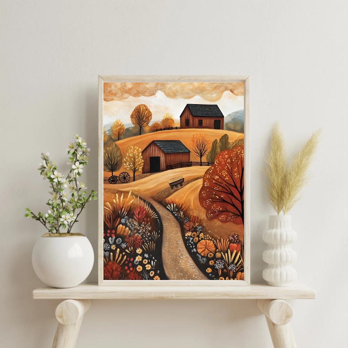 Folk Art Hilltop Barns With Meadow Wildflower Path Art Print - Image 2