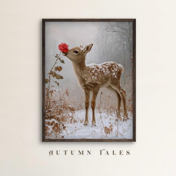 Baby Reindeer With Red Rose Wall Art Print Winter To Spring Transition Moody Wildlife Misty Winter Forest