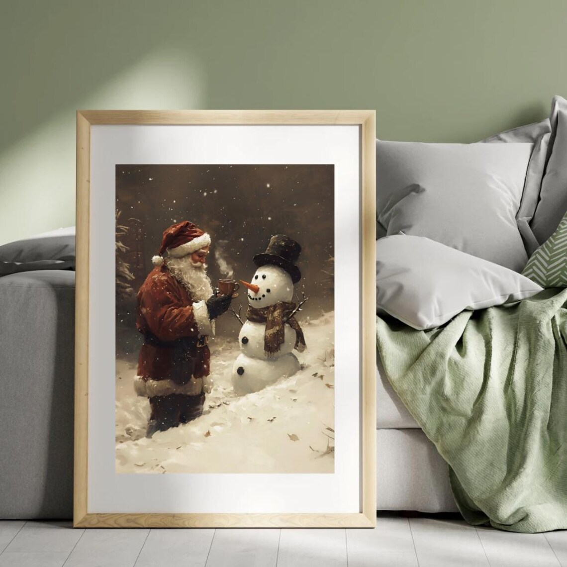 Cozy Christmas Santa and Snowman Vintage Holiday Art Print - Image 2