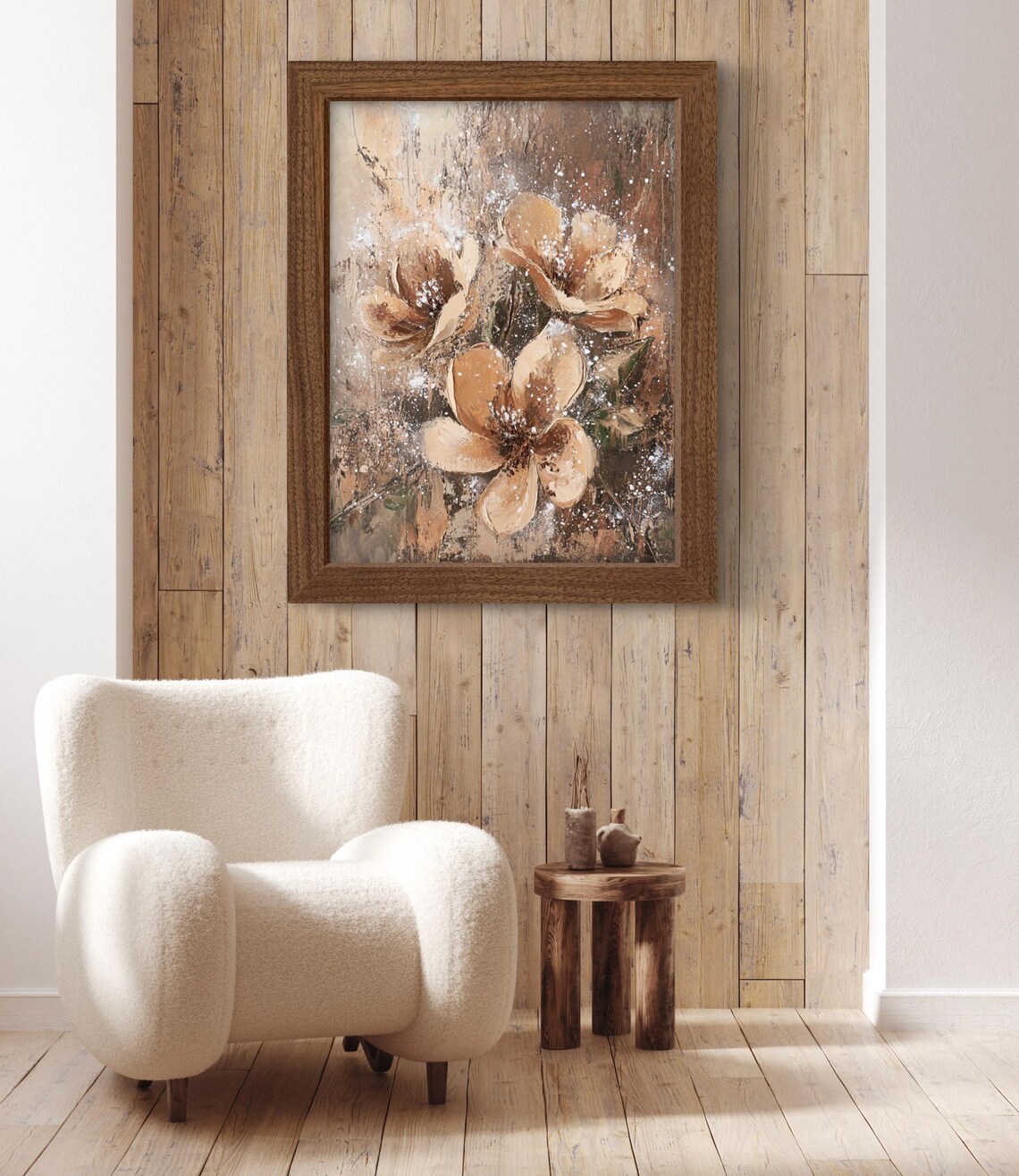 Abstract Caramel Brown Flowers on Dark Texture Moody Botanical Wall Art Poster - Image 2