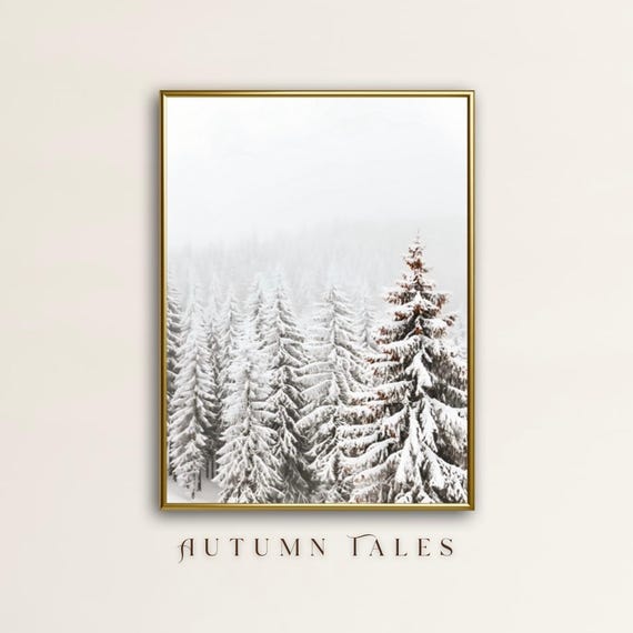 White Winter Pines Landscape Wall Art Print Mininalist Christmas Decor Moody Winter Wonderland Forest Snowfall