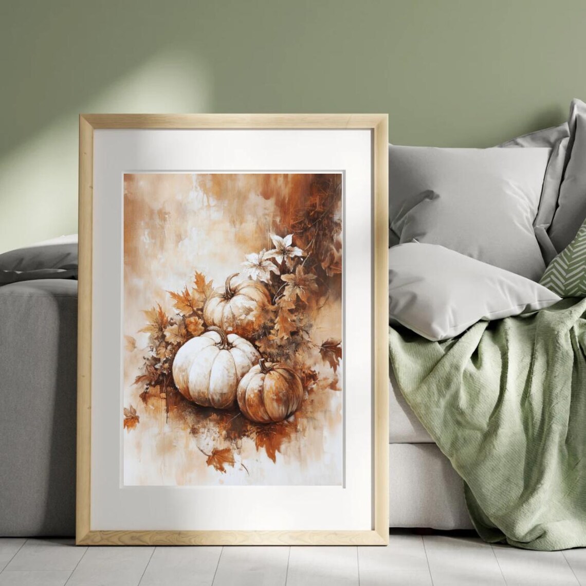 White Pumpkins Autumn Leaves Moody Still Life Fall Harvest Rustic Wall Art - Image 4