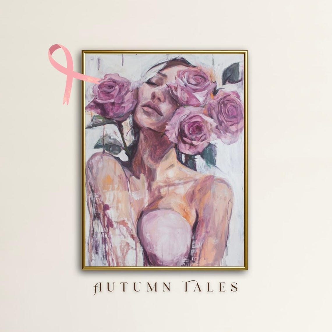 Breast Cancer Awareness Month Wall Art Print Feminine Woman Figure Midern People Art Girl With Pink Roses Art