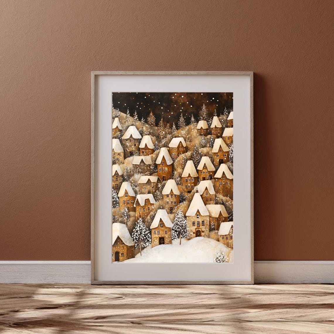 Snowy Village Houses Under Starry Winter Night Sky Folk Art Print - Image 4